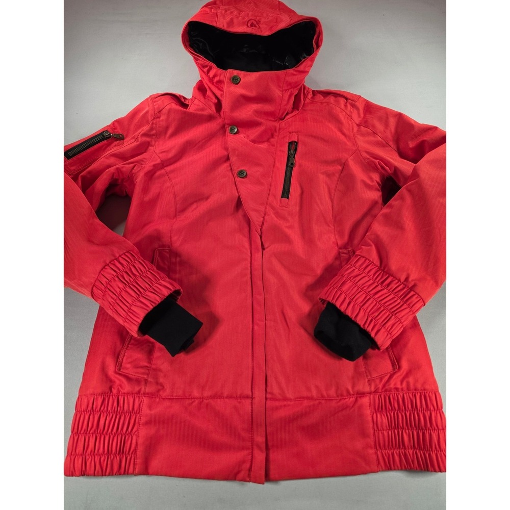 Obermeyer Red Herringbone Ski Jacket Women Size 8 Hooded Insulated Winter Coat
